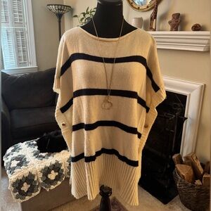 LOFT Cream and Black Striped Oversized Poncho Sweater with Gold Button Accents